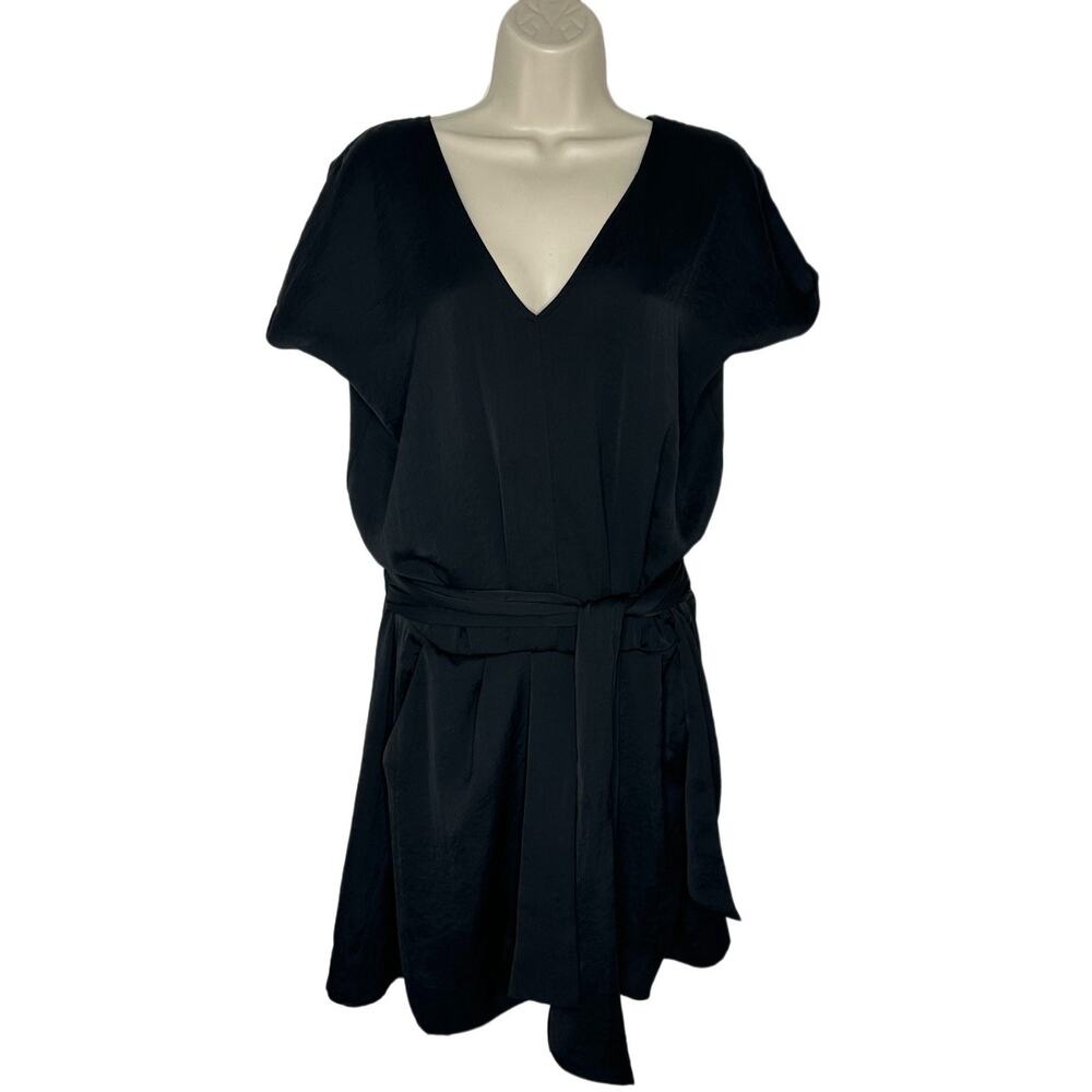 The Kooples Black Satin Short Dolman Sleeve V Neck Mini Faux Wrap Dress Small